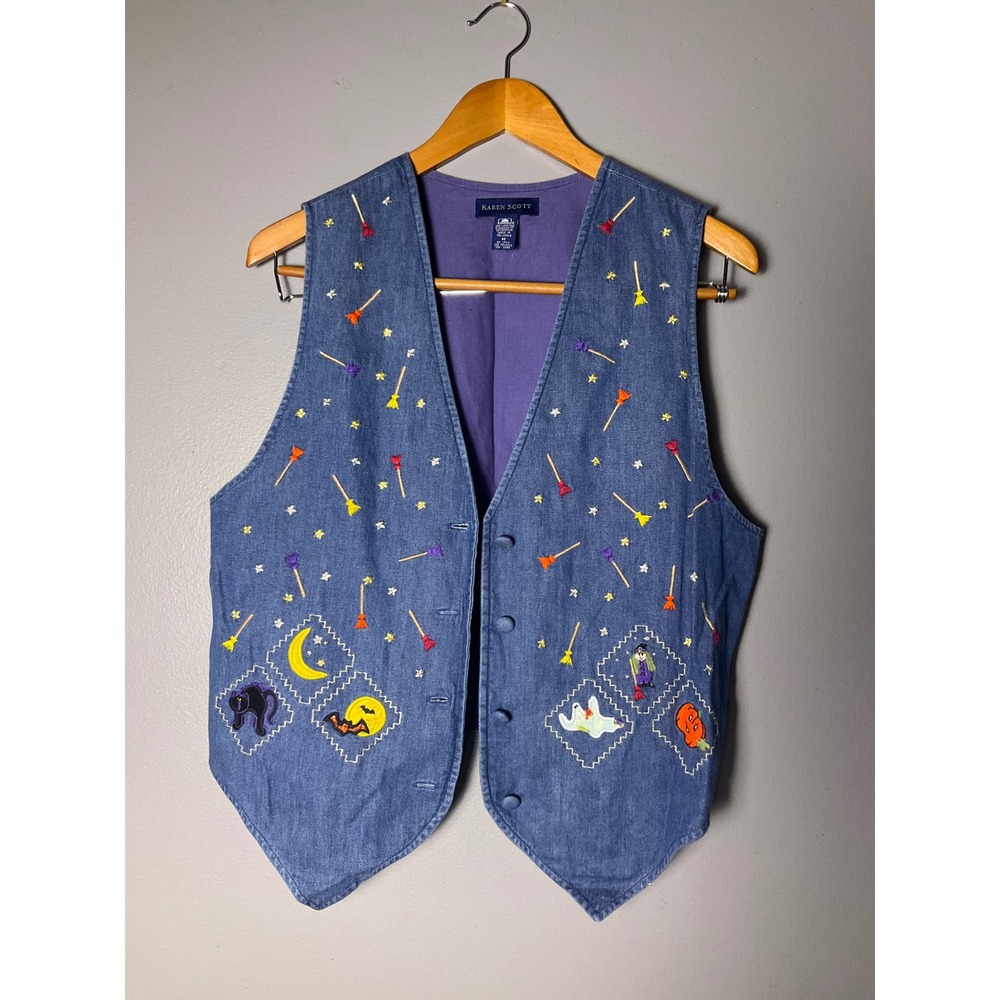 Karen Scott Halloween Denim Vest Medium Blue Embroidered Cat Ghost Pumpkin Vtg